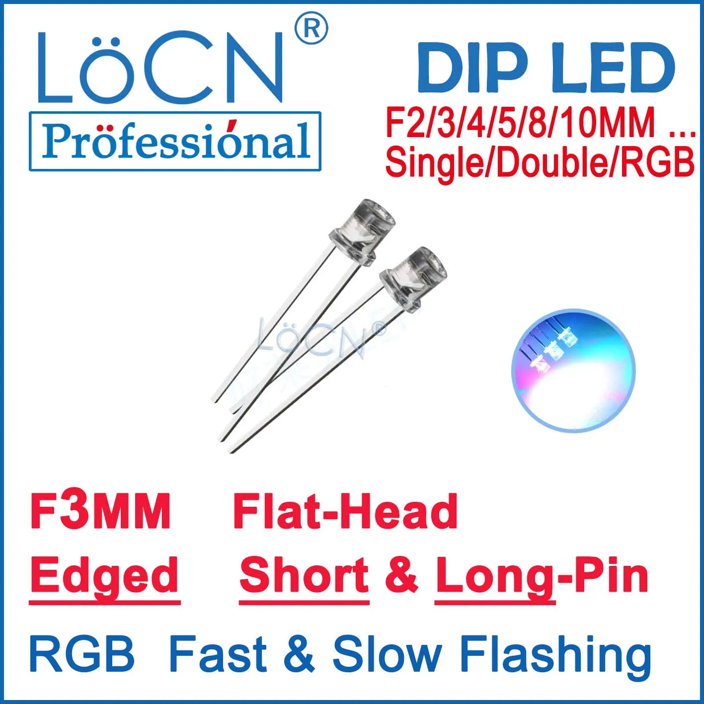 

LoCN 1000pcs LED Diodes 3MM F3 Flat Head Top Edged RGB Full-Colors Fast & Slow Flashing Short & Long Pins Super Bright Breathing