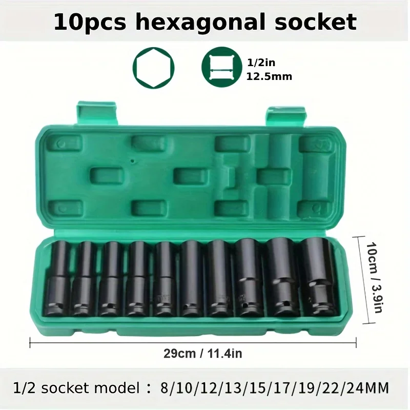 10Pcs of Extended Socket Head Electric Socket Set Telescopic Socket Head Automotive Maintenance Tool Hexagonal Extension