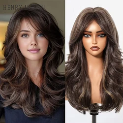 HENRY MARGU Brown Highlight Synthetic Wigs for Women Natural Layered Hair Long Wavy Wig with Bangs High Temperature Fiber Daily