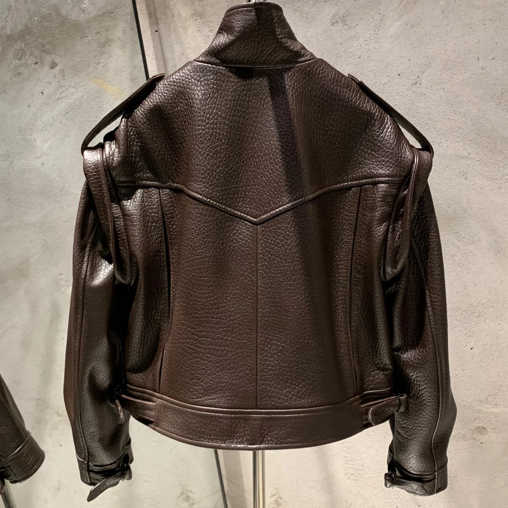 Grained Leather Jacket Ladies Biker Leather Coat Detachable Sleeve Bomber in Sheepskin H021