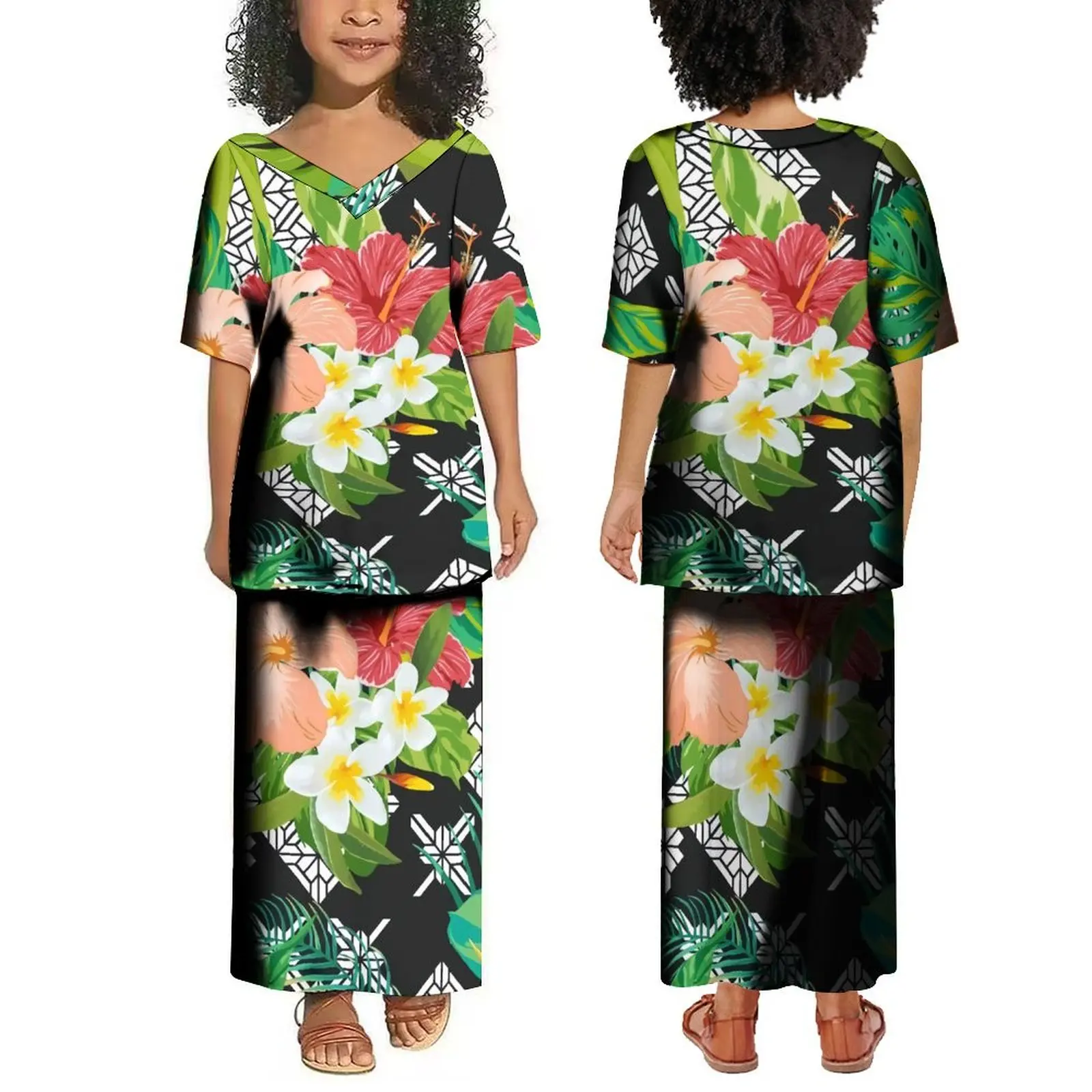 Robe Longue à Imprimé Floral pour Enfant, Tenue d'Été, Col en V, Manches Courtes, Style Ile, Nouveau Modèle 2024