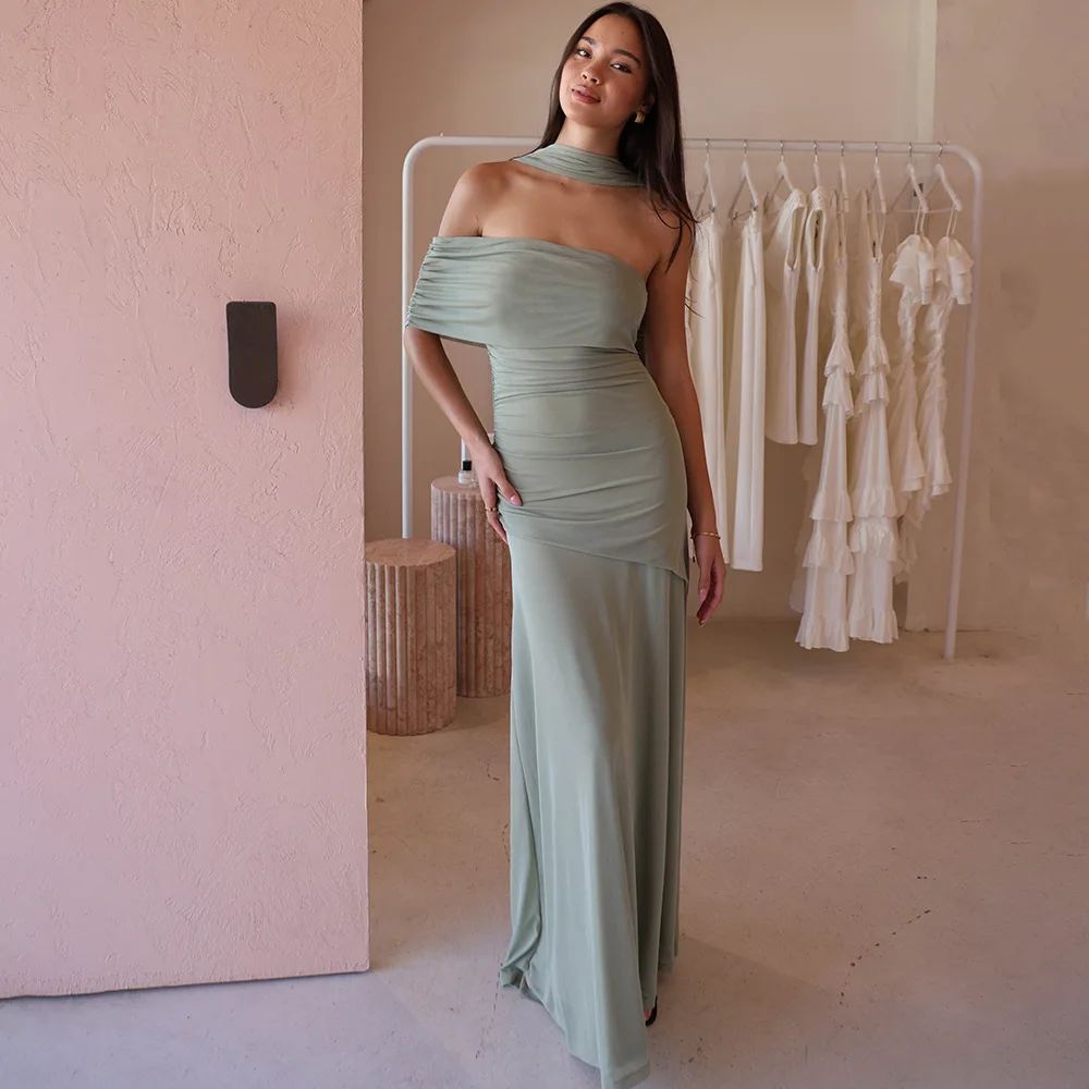 

Сексуальное платье макси с открытыми плечами и галстуком, женское осеннее сетчатое платье без бретелек со рюшами, элегантное модное однотонное тонкое клубное вечернее платье