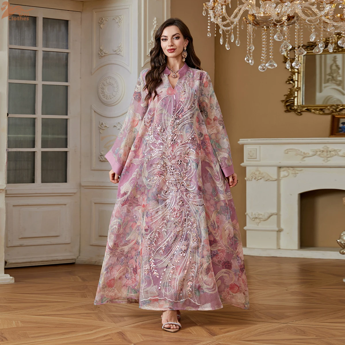 

Zahraa Muslim Elegant Floral Print Women Evening Dress Dubai V-Neck Abaya Sequins Patchwork Kaftans