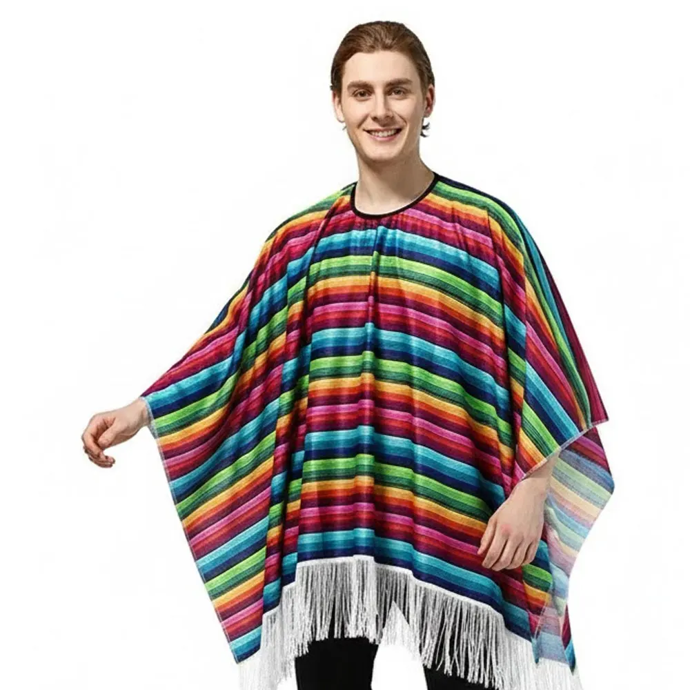 Poncho Serape Mexicano Vibrante |   Capa folclórica grande com franjas |   Acessório essencial Boho Cosplay e Fiesta Festival