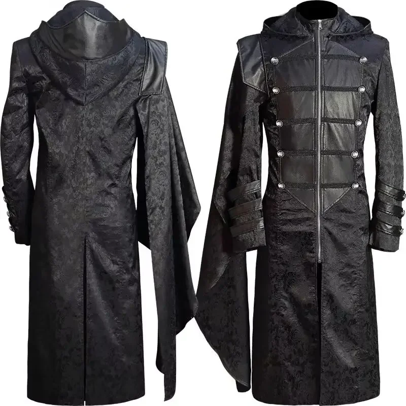 

Men's Mid-Century Vintage Stand Collar Black Leather Punk Gothic Coat Stylish Retro Dark Clothing for Men