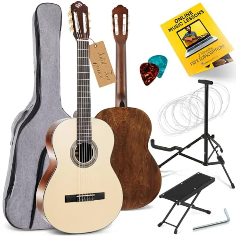 

Premium Solid Spruce Top Classical Acoustic Guitar Kit, 4/4 Full Size Classic All Wood Handcrafted Instrument with Gig Bag, Pic