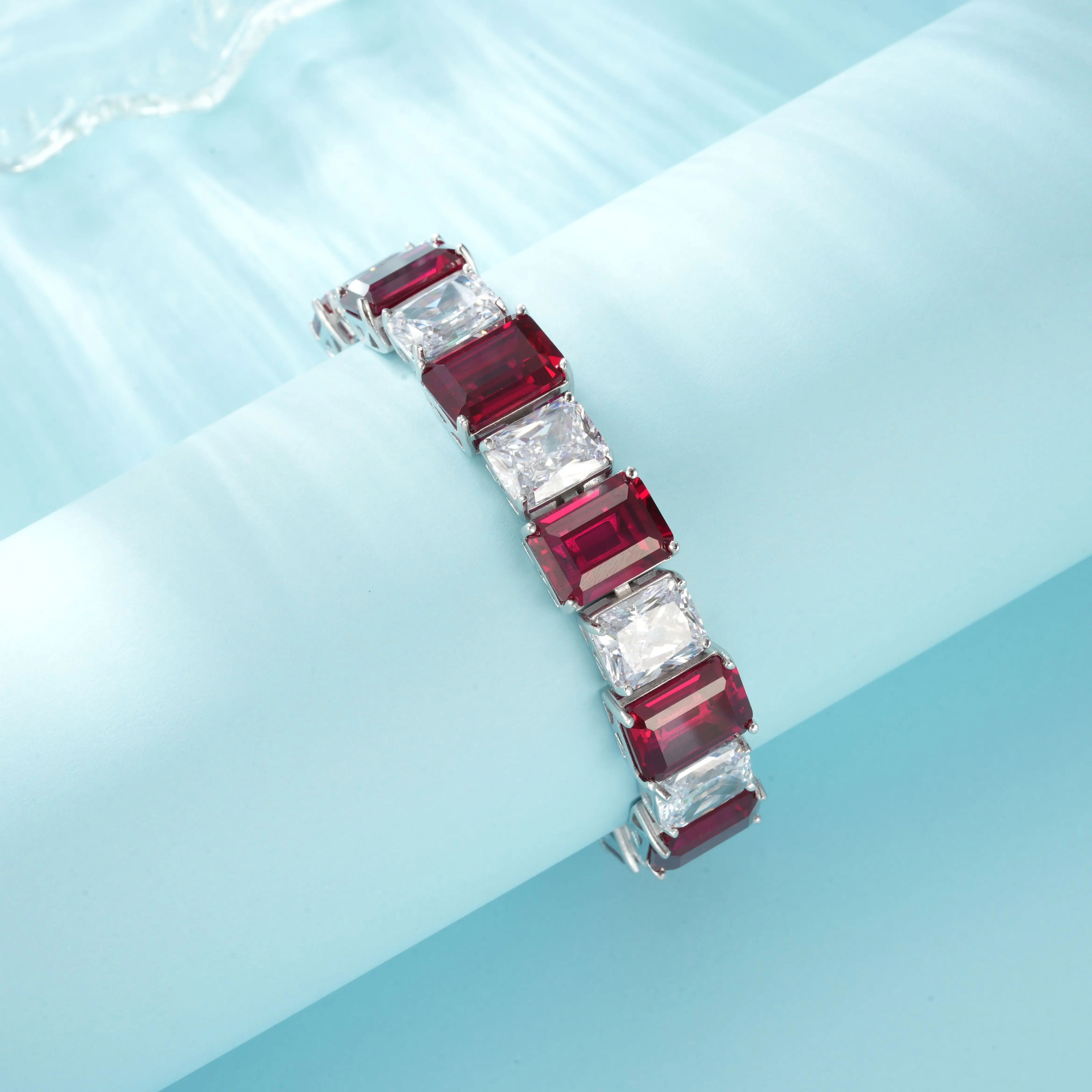 

Fashion style 100% 925 Real Silver lab grown ruby green glass paraiba fashion stone Fine Jewelry Bracelet