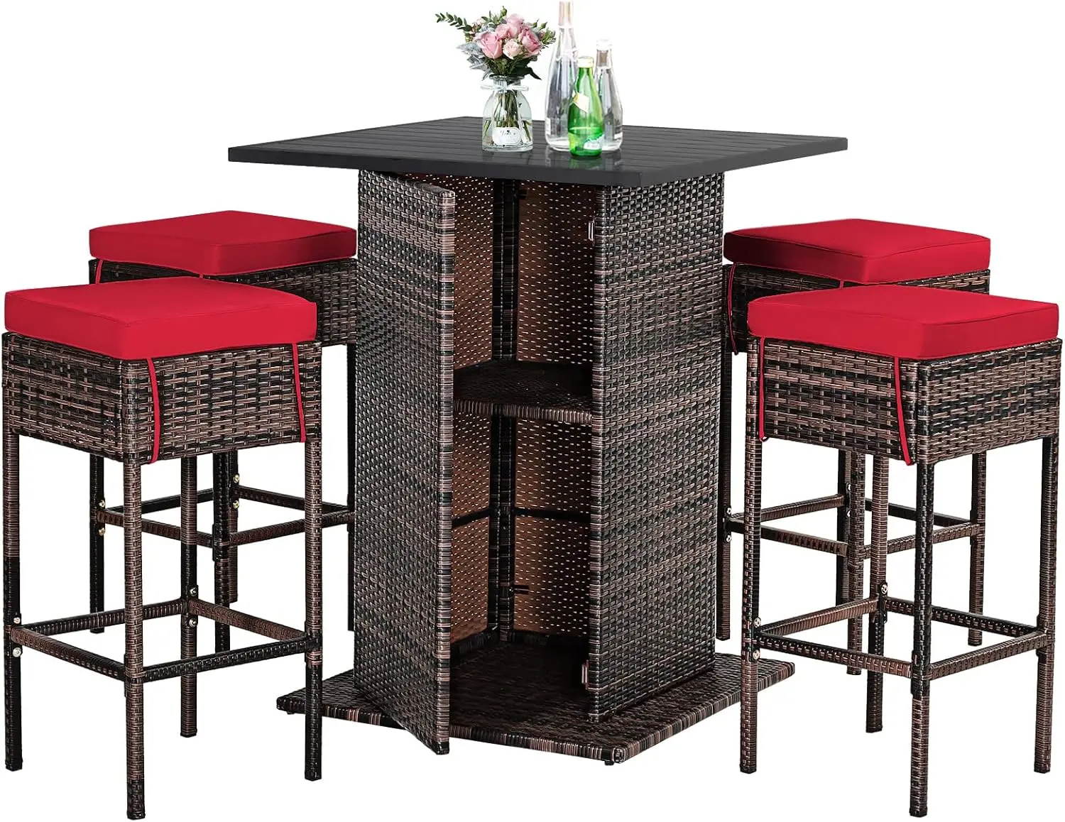 5 Piece Outdoor Rattan Bar Set, Patio Bar Furniture with 4 Cushions Stools and Smooth Top Table with Hidden Storage Shelf