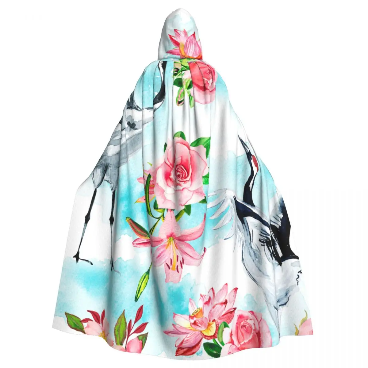 Watercolor Cranes And Pink Roses Hooded Cloak Polyester Unisex Witch Cape Costume Accessory