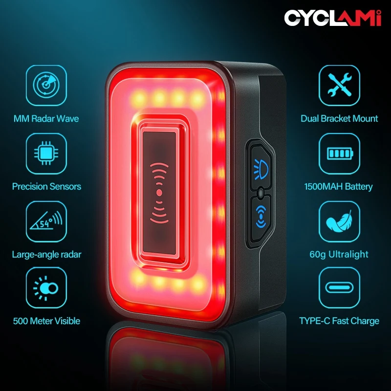 CYCLAMI Bicycle Intelligent Radar Tail Light Bike Smart Rear Brake Sensing Lamp Ebike LED New Cycling Taillight