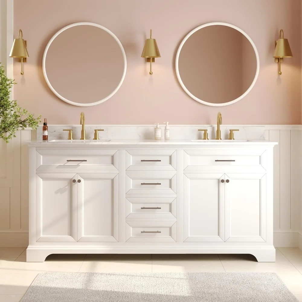 

Bathroom Vanity with Double Sink Top, Pre-Assembled Modern Wood Sink Combo with Backsplash, Bath Storage Vanity, 72''