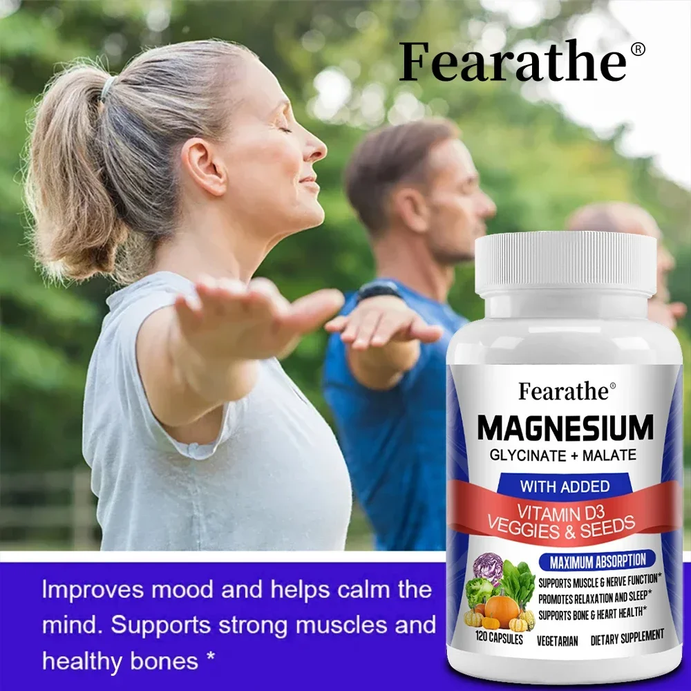 Magnesium Glycinate & Malate Complex, Vitamin D3, Max Absorption - for Bone Heart Sleep Nerve Muscle 120 Veggie Capsules