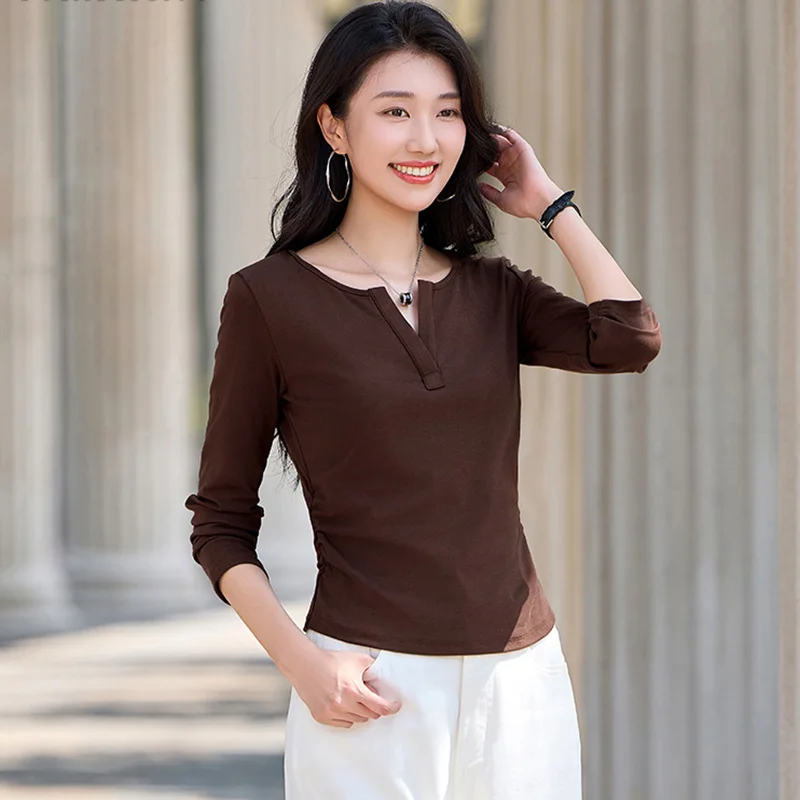 

New Women Small V-Neck T-shirt Spring Autumn Fashion Solid Color Slim Waist Long Sleeve Tees Simplicity Daily Basic T-shirt