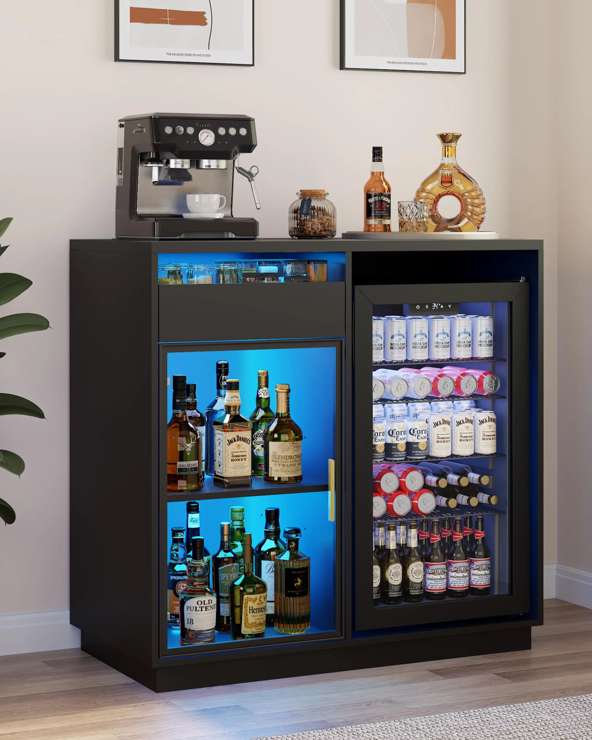 Coffee Bar Cabinet with Mini Fridge Included & LED Lights, Black | 39