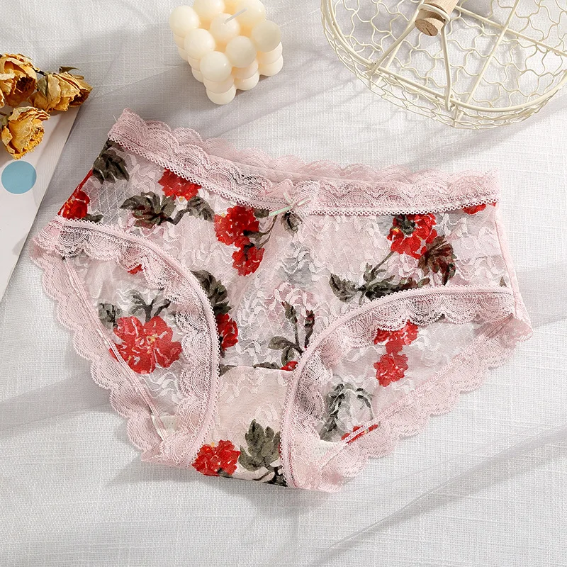 Lace Floral Panties Women\'s Sexy Hot Transparent Mid Waist Briefs Breathable Girls Bow Mesh Ladies Underwears