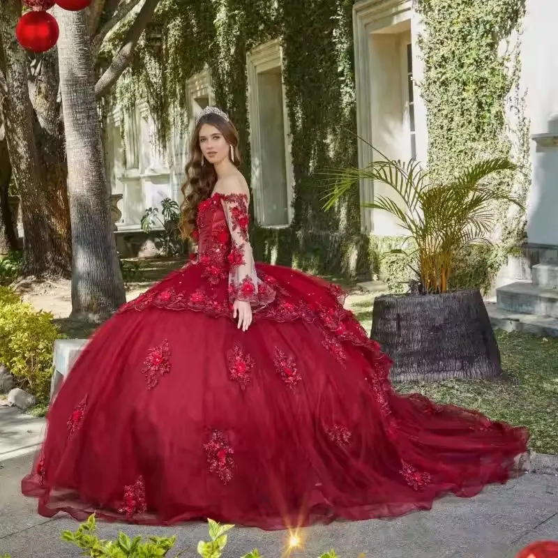 Vestidos De quinceañera De manga larga De tul Borgoña personalizados, Vestido De quinceañera con apliques De encaje, Vestido De 15 Años, fiesta De quinceañera