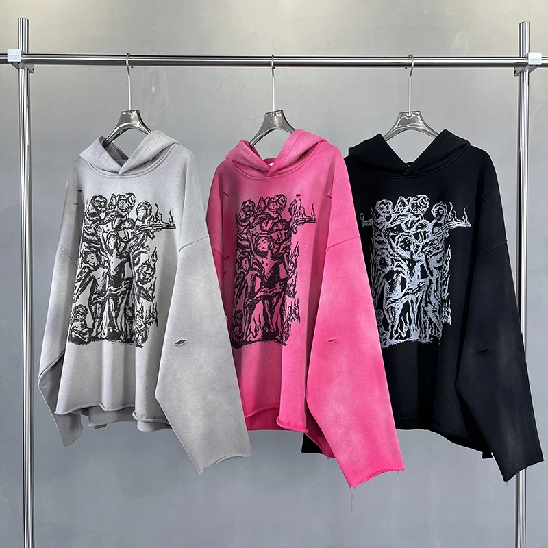 

Waed Vintage Cartoon Anime Hoodie Heavyweight Casual Loose Fit Torn Hemteen Autumn Winter Faion Youth Sle