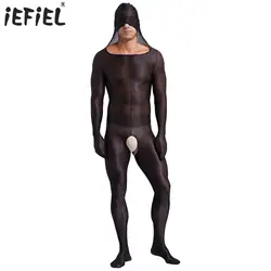 Mens Exotic Sexy Jumpsuit See Through Full Body Covering Bodysuit with Gloves Open Crotch Footed Bodystockings Hooded Catsuit