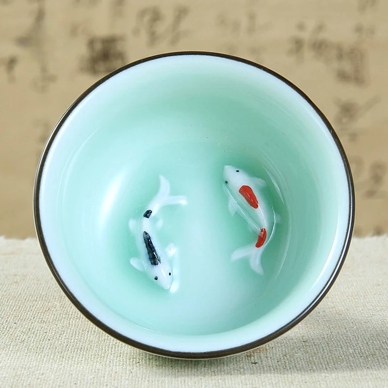 Blue/Green Celadon Chinese Kung Fu Tea Set Pu\'er 3D Fishes Teacup Hand-painted Ceramic Relief Double Carp Master Tea Cup 60ml