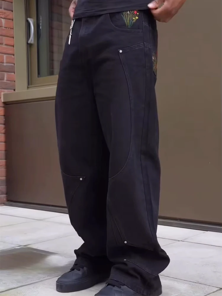 خمر التطريز فضفاض مستقيم الجينز رجالي خريف شتاء أنيق المرقعة سراويل جينز الرجال المألوف بلون جان
