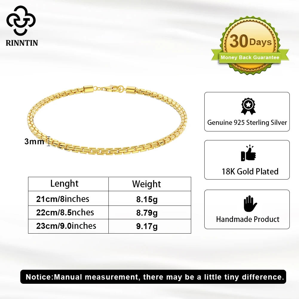 Rinntin Genuine Italian 3mm Round Box Chain Bracelet for Men 925 Sterling Silver Original Trendy Hand Chain Jewelry NMB01