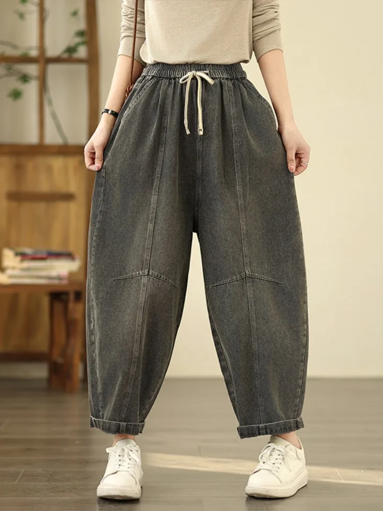 Celana Jeans Wanita Ukuran Besar Model Retro, Pinggang Elastis, Model Harlan, Celana Panjang Pelangsing, Celana Kasual Pinggang Tinggi untuk Musim Panas