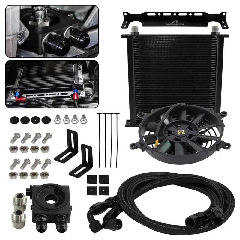 Aluminum AN10 40 Row Oil Cooler w/ Bracket Oil Line Kit Thermostatic 73 ±0.5°+7'' Electric Fan For M20XP1.5 and 3/4X16UNF