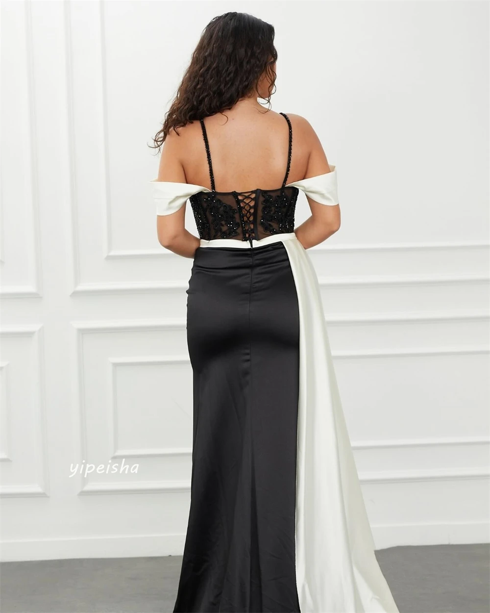 Robe de Bal Longue en Satin Froncée avec Perles Appliquées, Tenue de Soirée A-ligne à Épaules Dénudées, sur Mesure, Arabie Saoudite