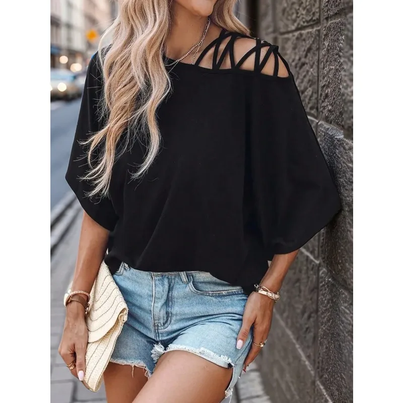حجم كبير 1XL-5XL جديد المرأة عادية محبوك تي شيرت السيدات عادية غير المتماثلة الكتف حزام مزدوج المرأة تي شيرت