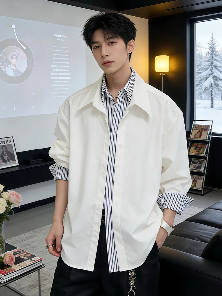 

White American Retro Fake Two-Piece Long Sve irt for Men Casual Sle Spring Design Turn-down Collar Jaet Coat