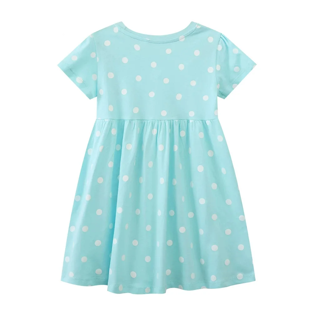 VIKITA 2025 New Girls Summer Short Sleeve Dresses Kids Blue Polka Dot Ice Cream Cotton Daily Casual Straight Frocks Kids Clothes