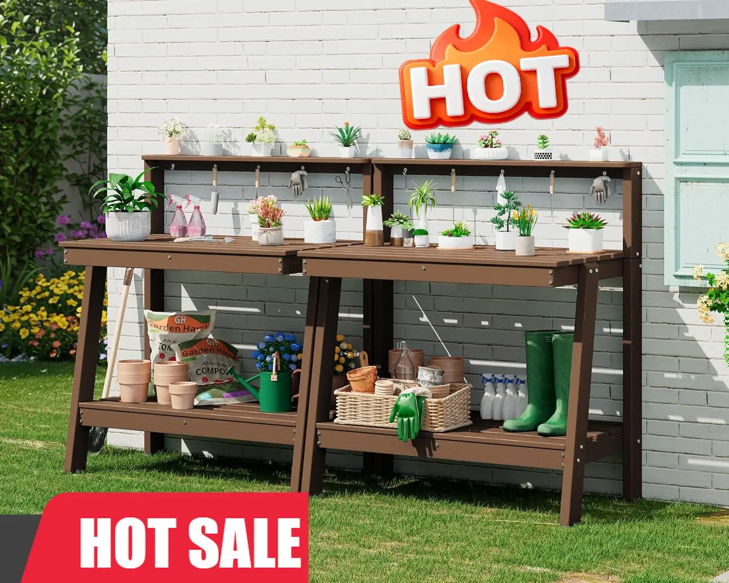 

Садовый стол для рыхления почвы с местом для хранения, комплект из 2 штук, 3-уровневый, из HDPE, с наклонными ножками и крючками для инструментов, всепогодный, сверхпрочный