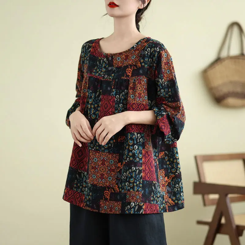 Plus Größe frauen Frühling Herbst Neue Rundhals Langarm Top Senior Mama der Lose Bauch Bedecken Gedruckt Baumwolle leinen Tragen