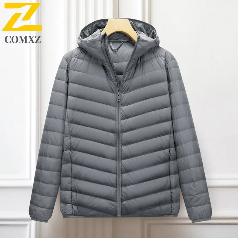 COMXZ Luxurious Men Down Jacket Hooded Commuting Office Ultra Light Puffer Jacket Travel Comfort Windproof Warm Winter Coat