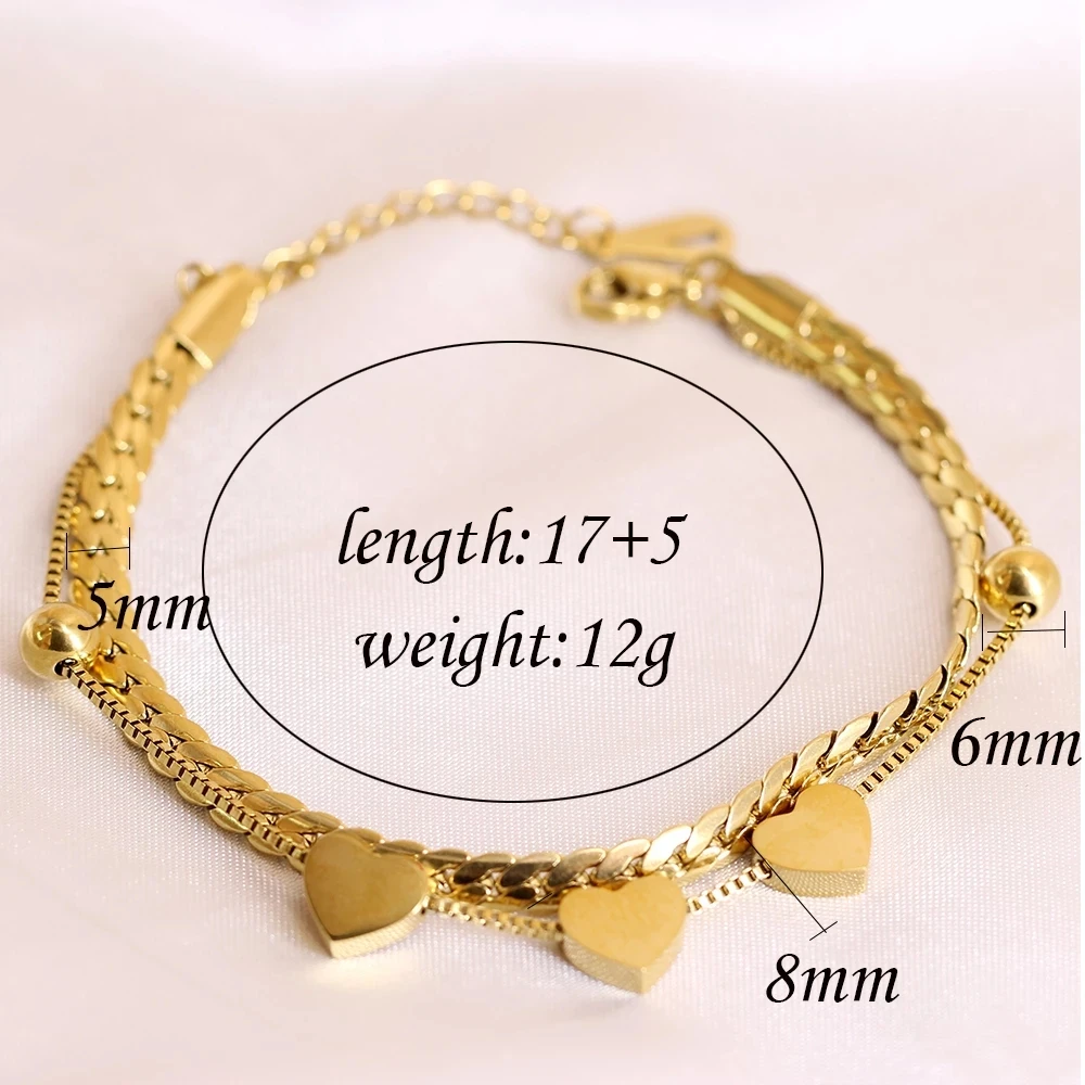 VQYAKO Double Flat Snake Chain Stainless Steel Heart Bracelet For Men & Women Party Charm Jewelry Gift