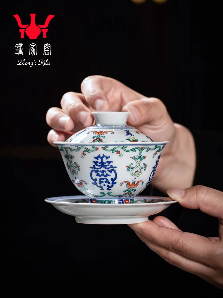 

Zhongjia Colorful Cover Bowl Jingdezhen Handmade Hand-painted Blessing And Longevity Pattern Chai Kiln Sancai Cup Single