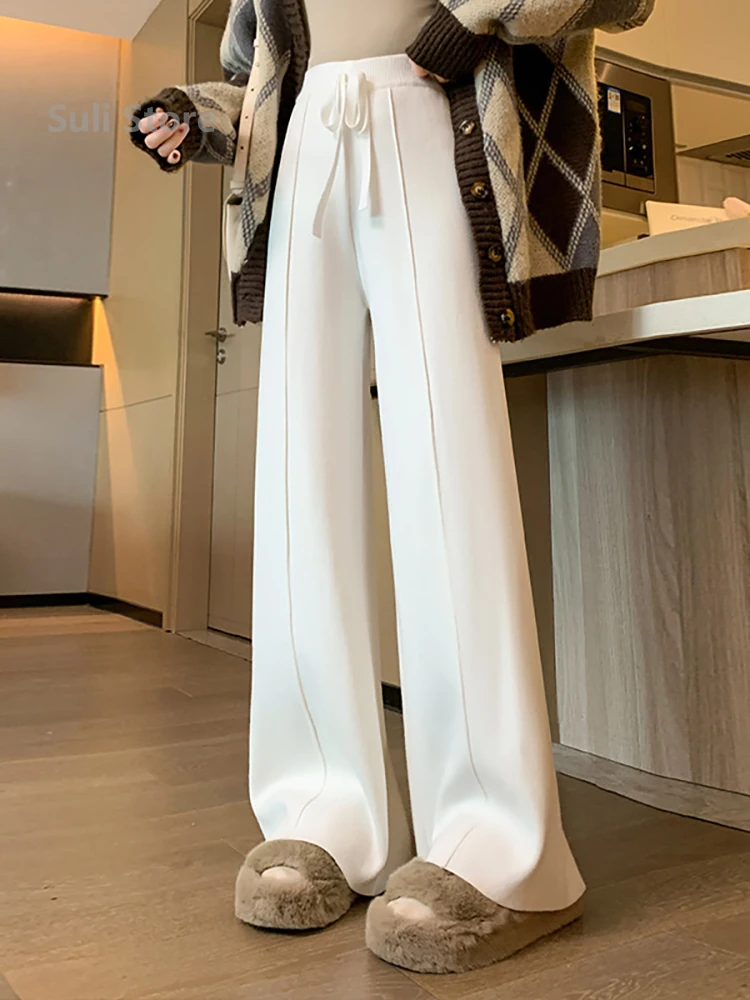 White Soft Glutinous Knitted Wide-Leg Pants Women's Autumn and Winter High Waist Drooping Slit Casual Pants Mop Pants Slimming