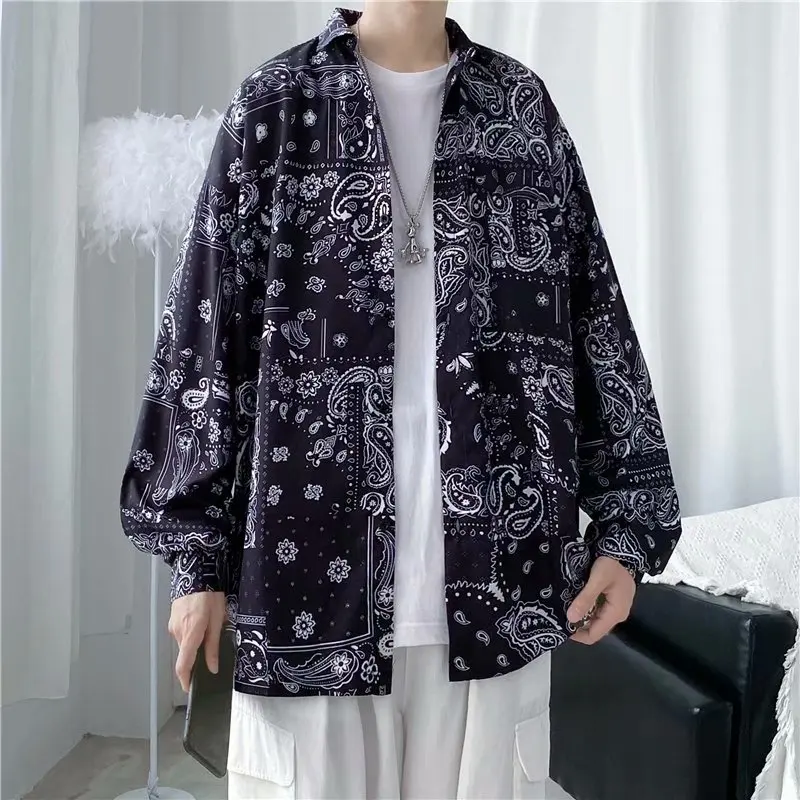 

Spring Autumn Long Sve Men's irt Floral Print Student Hong Kong Sle Retro Jaet Stand Fit Busin Casual Polyester