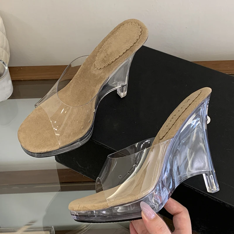 Liyke New Arrivals PVC Transparent Slippers For Women Open Toe Clear Platform Wedges Sandals Female Shoes High Heels Slides
