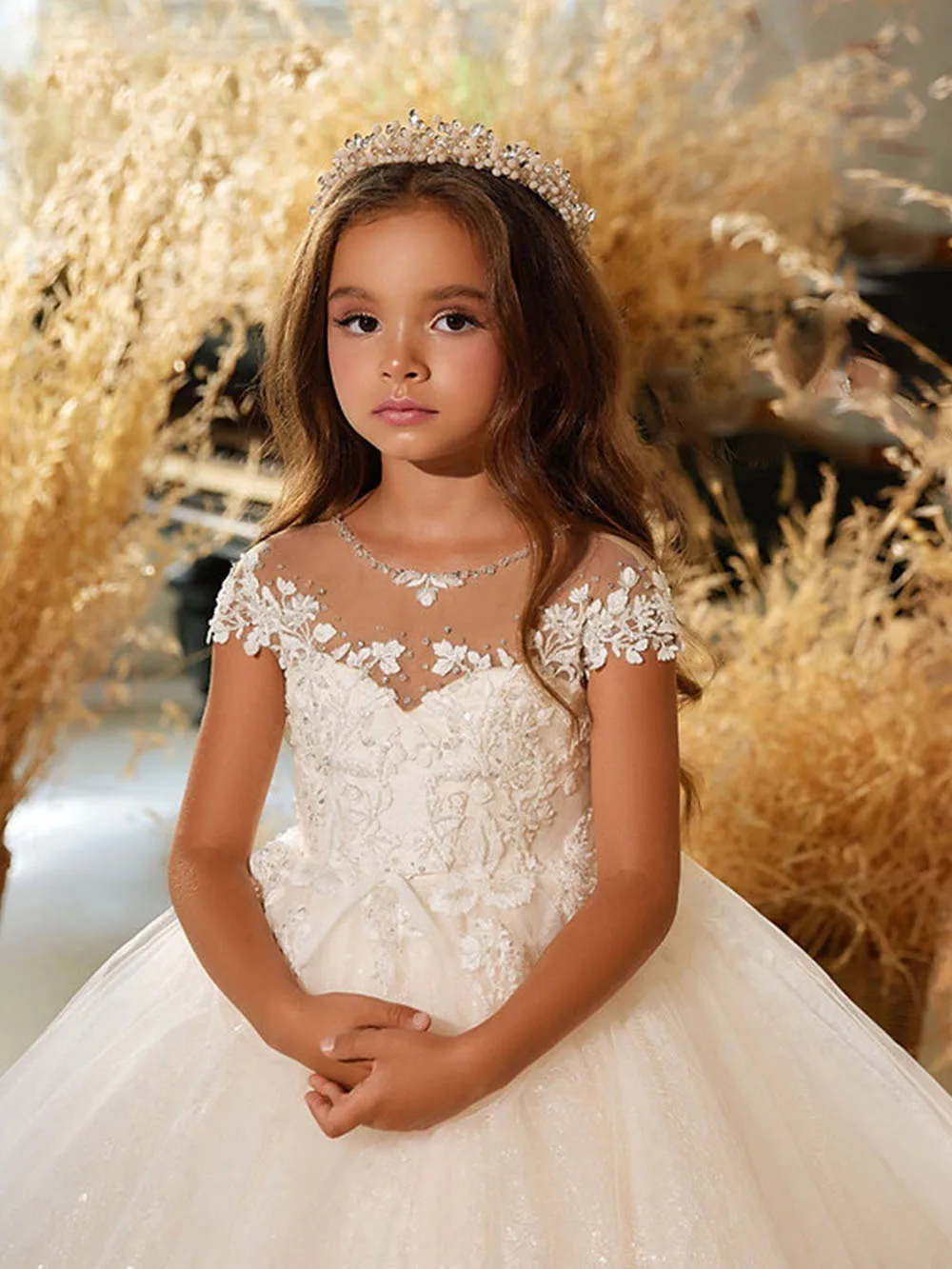 Vestido elegante de color marfil para niña, vestido de boda de encaje brillante de tul hasta el suelo, vestido de fiesta de cumpleaños para niños, vestido de baile de princesa