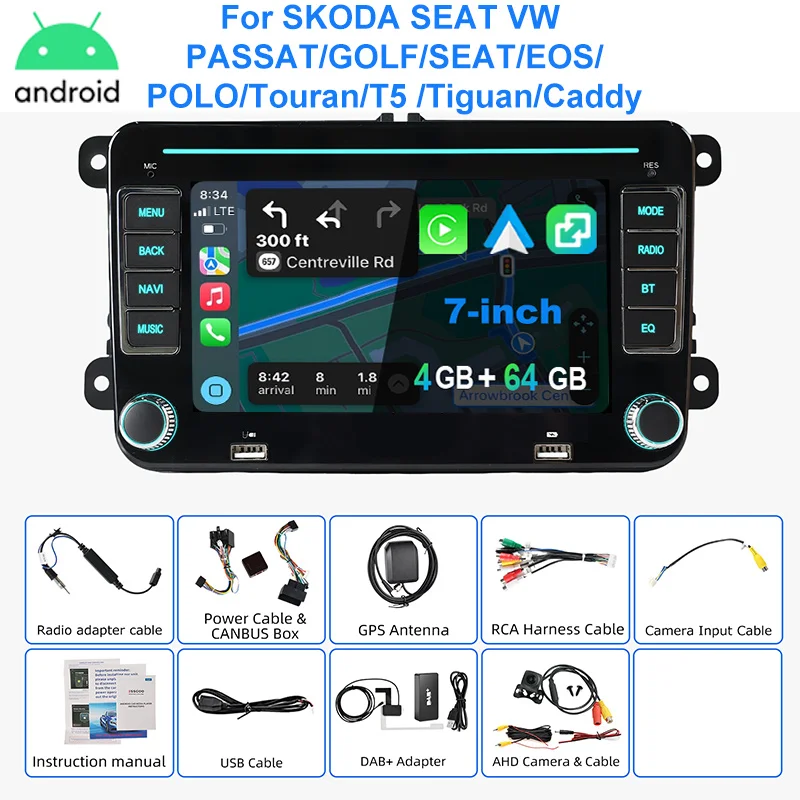 Autoradio ESSGOO Android 15 7 Inch voor VW Golf 5 6 Passat Polo 6R Touran Tiguan Caddy EOS Jetta Seat Skoda met Draadloze Carplay Android Auto GPS Navigatie RDS FM Bluetooth WIFI Stuurwielbediening