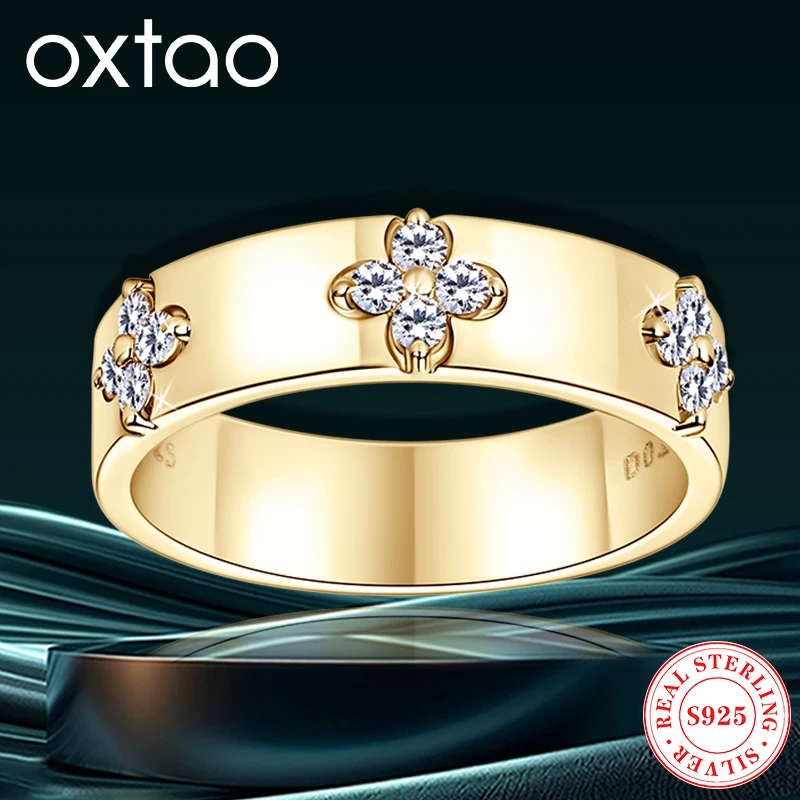 OXTAO Real 18K White Plated D VVS1 Full Moissanite Diamond Ring Certified 925 Silver Four Leaf Flower Wedding Jewelry Rings
