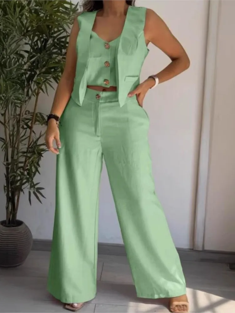 

Fashion Casual Style Vest Top Wide-leg Trousers Two-piece Set Women's Elegant Simple Solid Color Commuting Trousers Sets