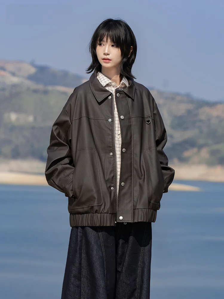 Saoe Early Girl الخريف الشارع Sle خمر ملابس خارجية المرأة جلدية Jaet Merald Street Faion فضفاضة تناسب طويلة Sve