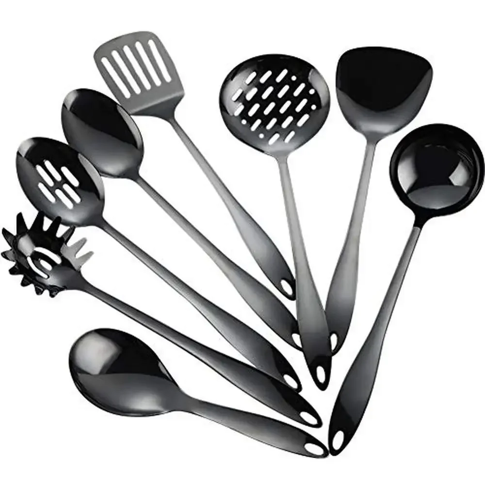 

8-Piece Stainless Steel Kitchen Utensil Set Nonstick Cooking Titanium Plated Gadgets Spatula Ladle Spoon Skimmer Pasta Server