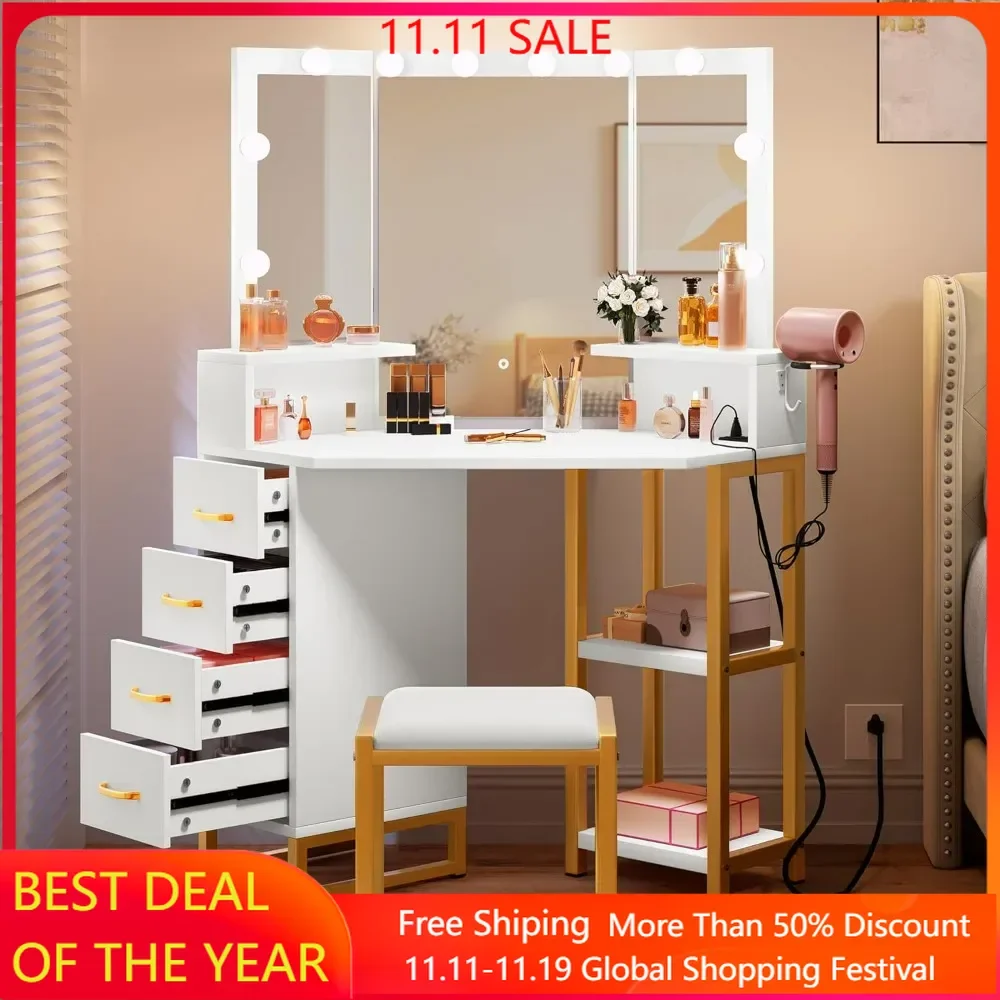 Vanity Desk with Lighted Mirror, Corner Vanity with Power Outlet, Color Adjustable, Makeup Table with 4 Drawer, Stool, Bedroom