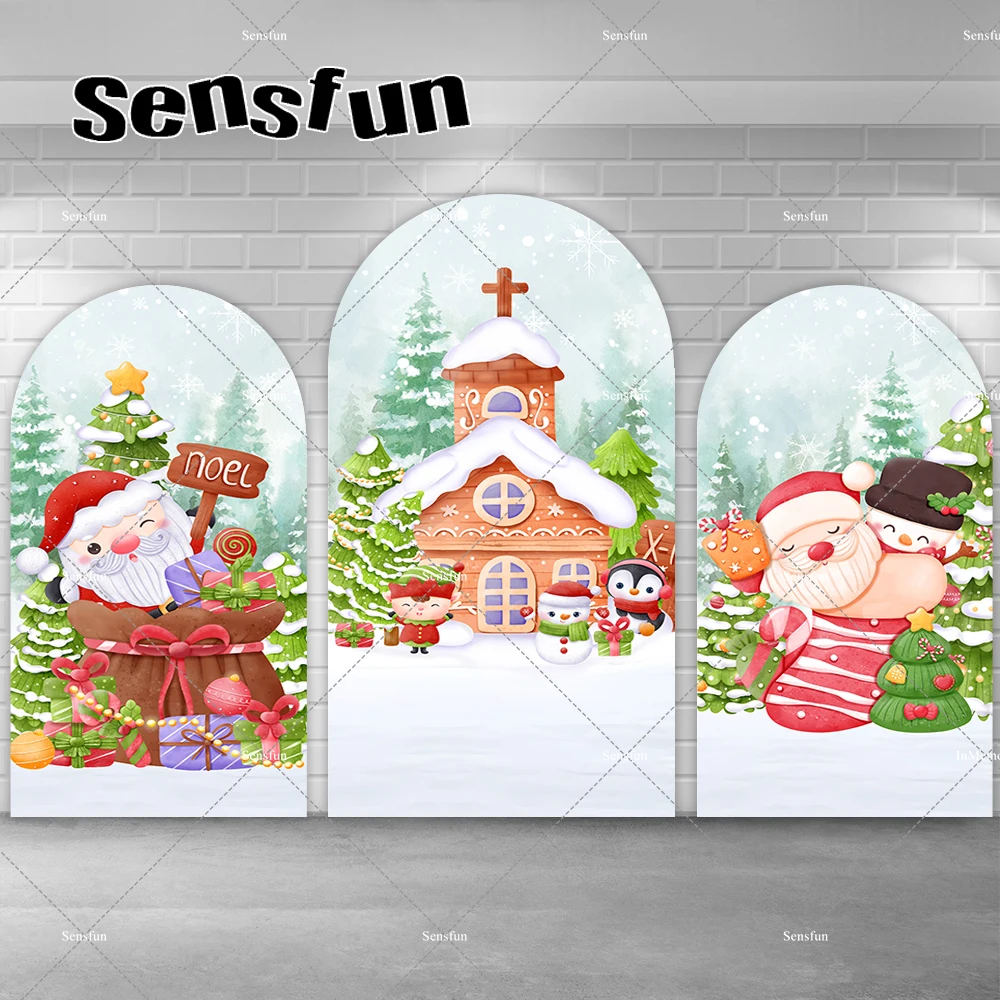 Cartoon Christmas Day Arch Backdrop Cover White Snow Christmas Tree Santa Claus Chiara Wall Backgrounds Double-sided