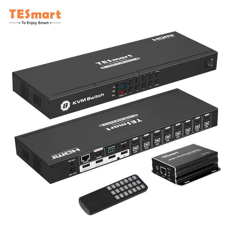 TESmart New arrivals 4K Support HDCP 1.4 EDID HDMI KVM Extender up to 50m with multi-function 8x1 HDMI KVM Switch Dual Monitor