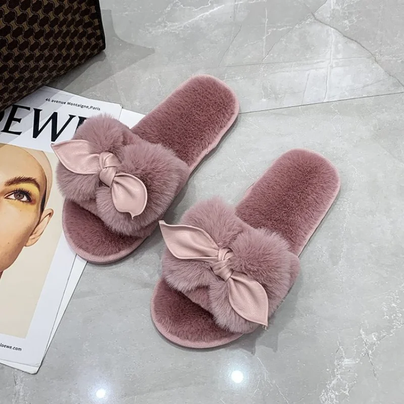 Women House Slippers Faux Fur Fashion Warm Shoes Woman Slip on Flats Female Slides Black Pink Cozy Home Furry Slippers