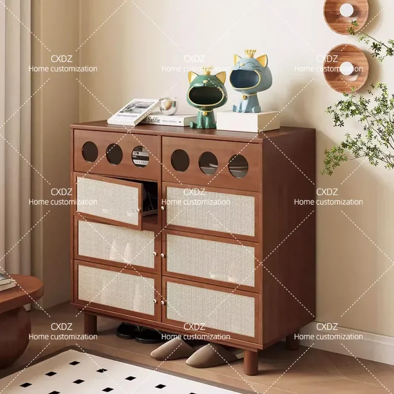 Simple Retro Solid Wood Tipping Bucket Shoe Cabinet Rattan Entrance Storage Locker for Small Apartment Household Durable